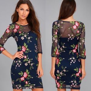 Lulus Wilhelmna Navy Blue Embroidered Floral Long Sleeve Dress M